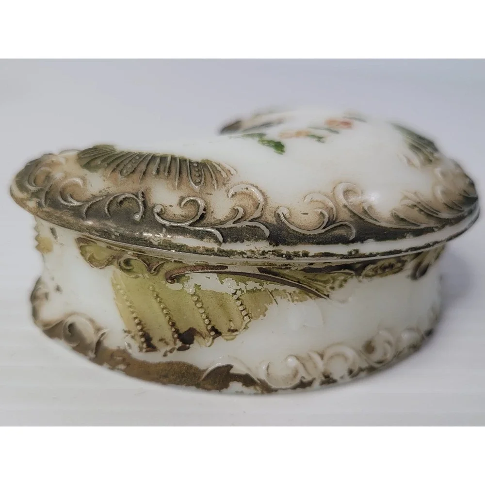 Antique Milk Glass Hand Painted Paisley Shaped Trinket Box w/ Lid RARE